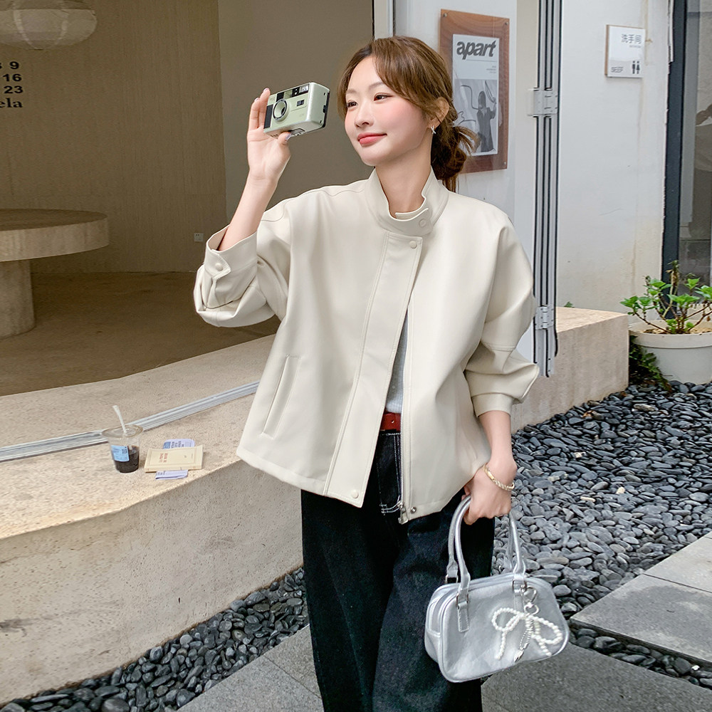 浅米色韩系立领PU皮衣外套女2025秋季小个子洋气炸街流行淡人夹克,女装皮衣,2C258