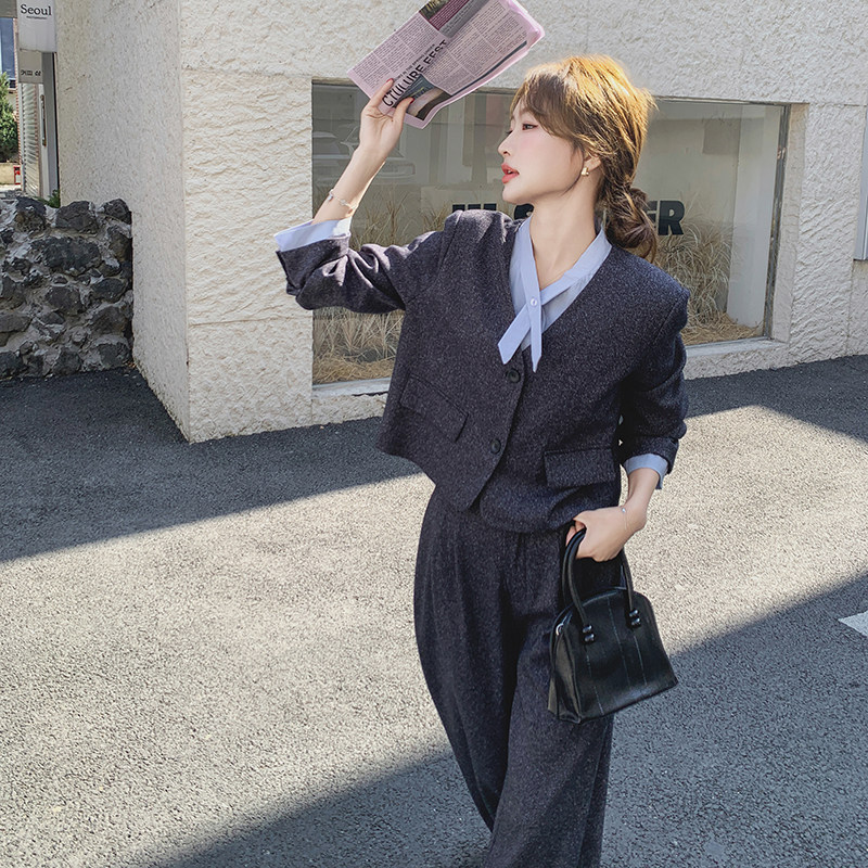 高级小众穿搭韩系chic灰色西服套装女初春秋超火好看阔腿裤两件套,女装套装/套裙,2C077