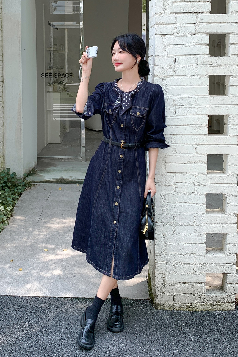 韩系复古高级感牛仔连衣裙女2025秋季新款通勤气质收腰显瘦中长裙,女装连衣裙,2C177