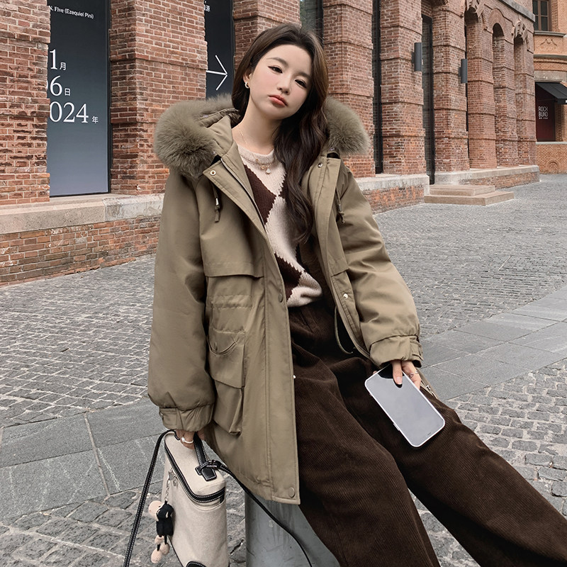 韩版加厚兔绒连帽派克棉服女2025年冬季新款收腰显瘦保暖工装棉衣,女装棉衣/棉服,衣珂纱朗