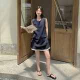 藏蓝色轻熟风穿搭刺绣牛仔套装女夏2025年超火无袖背心短裤两件套，女装套装/套裙，2C166