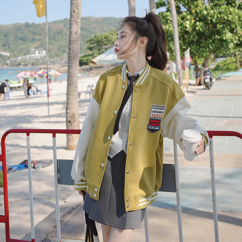 高级小众学院风黄色棒球服外套女春秋2025年超火好看短款夹克上衣图片