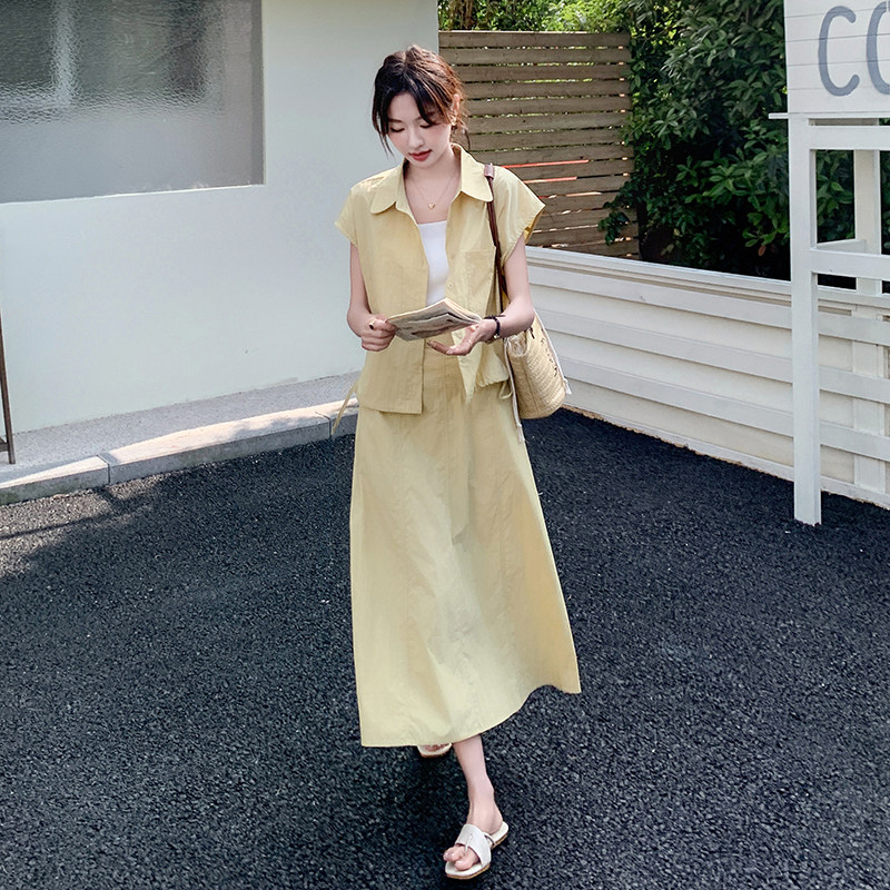 黄色休闲衬衫显瘦气质半身裙两件套新款温柔系穿搭套装女夏连衣裙,女装套装/套裙,2C075