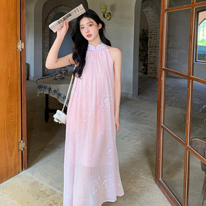 法式温柔风亮片挂脖连衣裙女2025夏季新款韩版宽松显瘦甜美长裙子图片