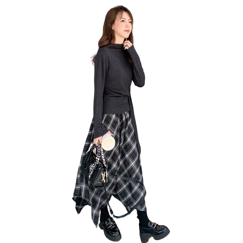 时尚设计感上衣不规则格子半身裙两件套女2025年秋季新款韩版套装,女装套装/套裙,2C233