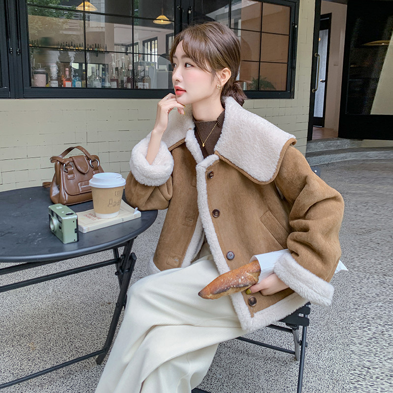 咖色羊羔毛宽松学院风皮毛一体外套韩系减龄棉服6086P195K288,女装棉衣/棉服,2C166