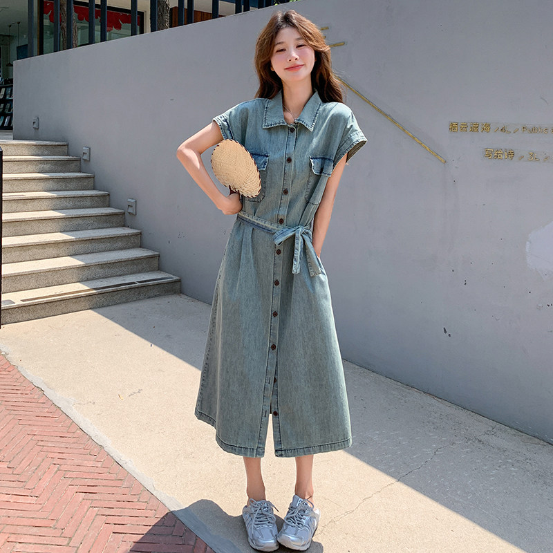 牛仔连衣裙女2025夏季高级感气质宽松显瘦韩系休闲直筒衬衫长裙子,女装连衣裙,2C166