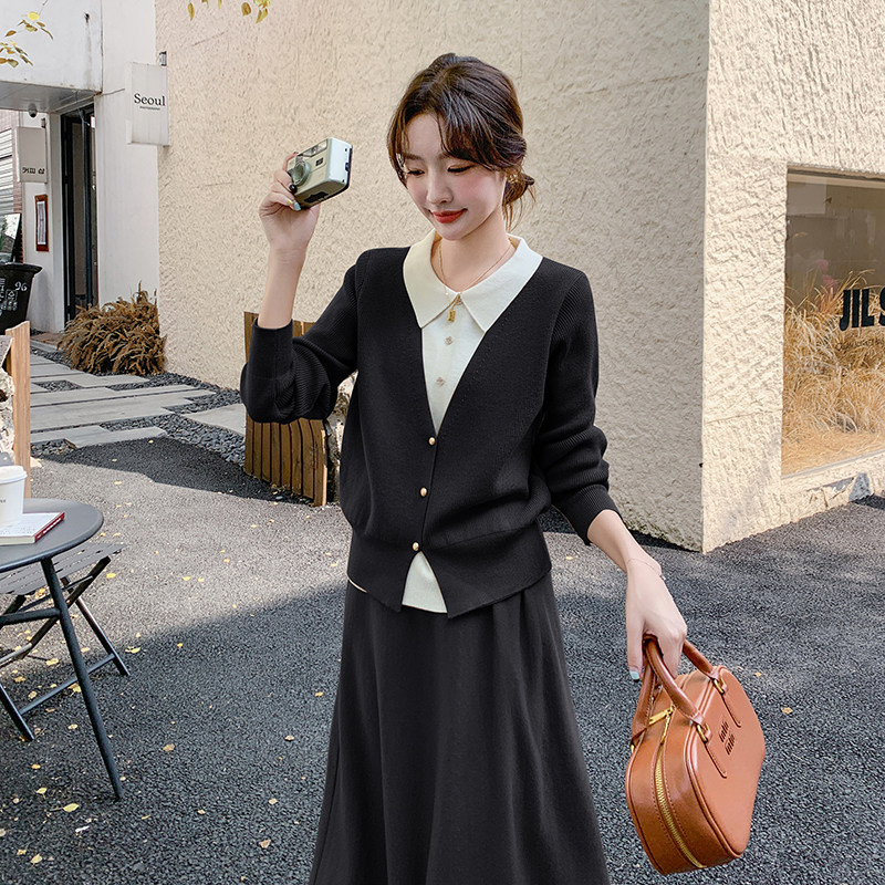 现货韩系气质拼接假两件毛衣半身裙两件套7686-P155-K238,女装套装/套裙,2C159