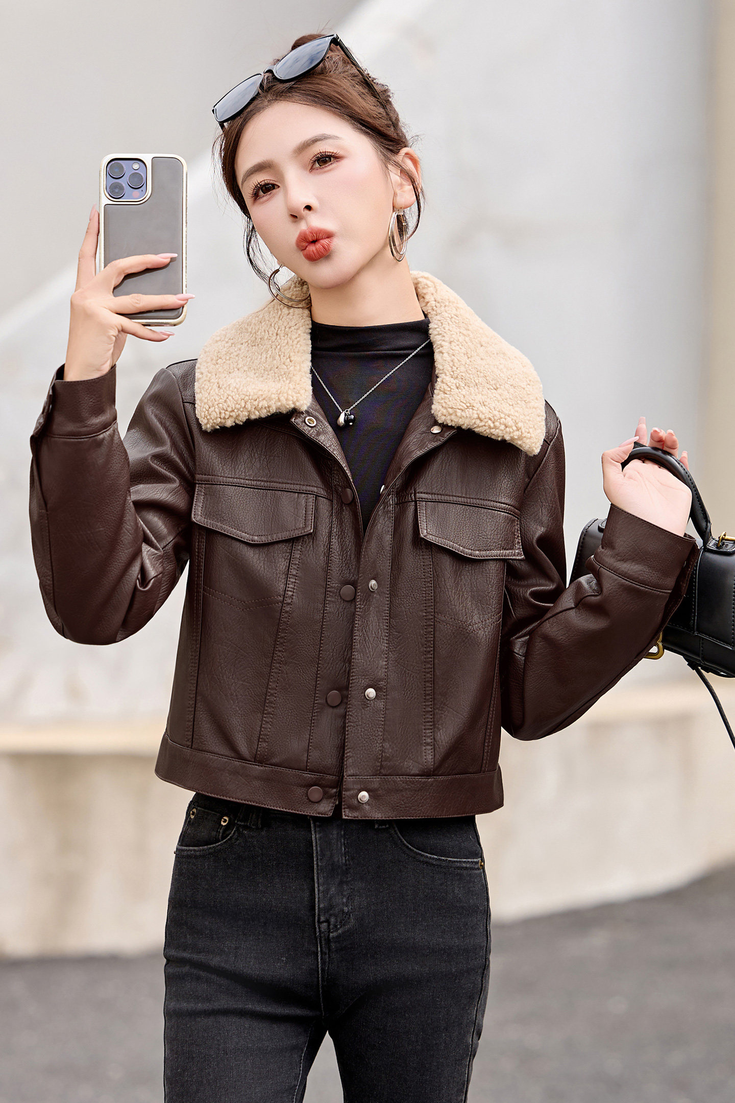 加棉加厚皮衣外套女小个子短款韩版气质修身百搭高腰机车服,女装皮衣,吾爱衣