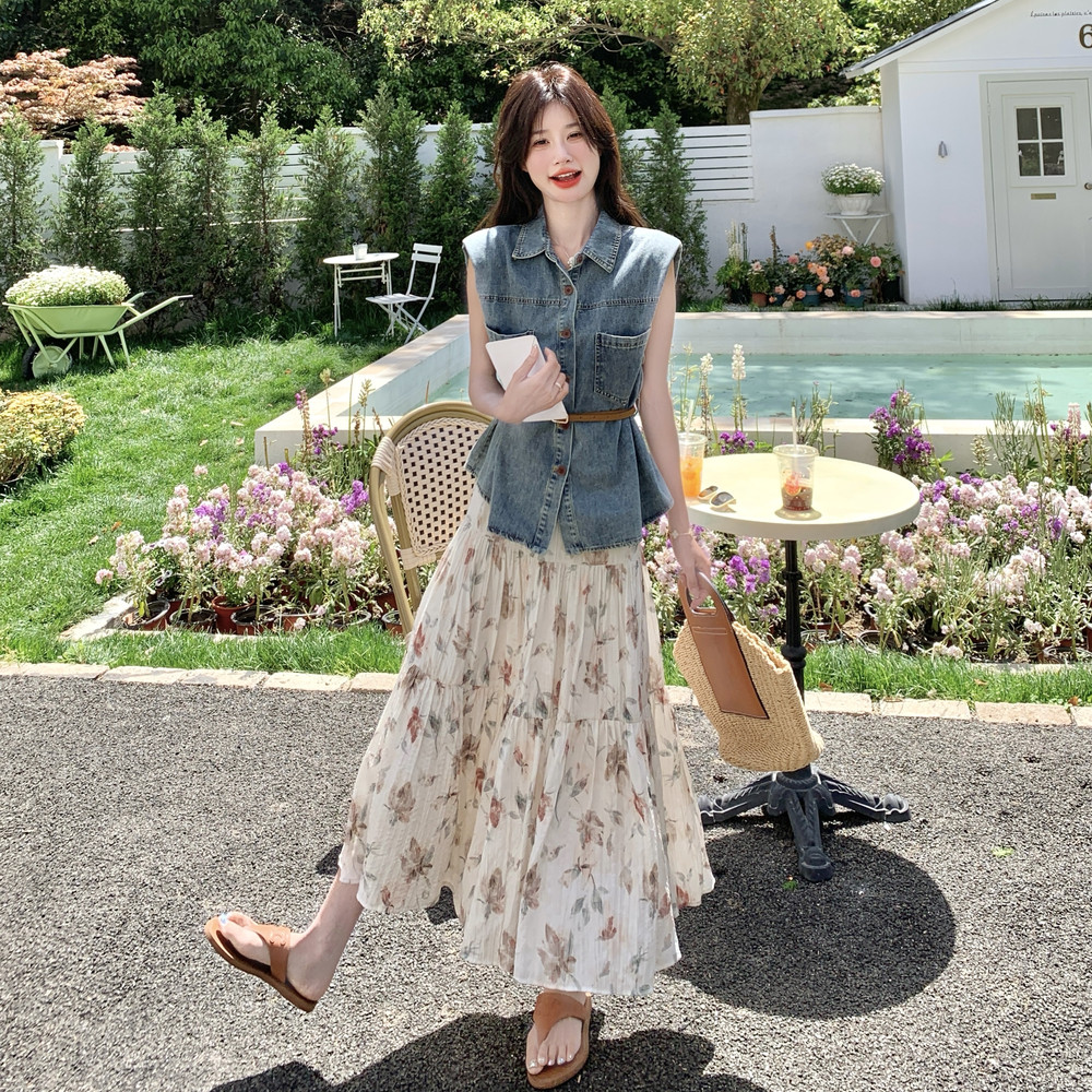 法式碎花半身裙套装女2025夏季新款时尚复古设计感牛仔马甲两件套图片