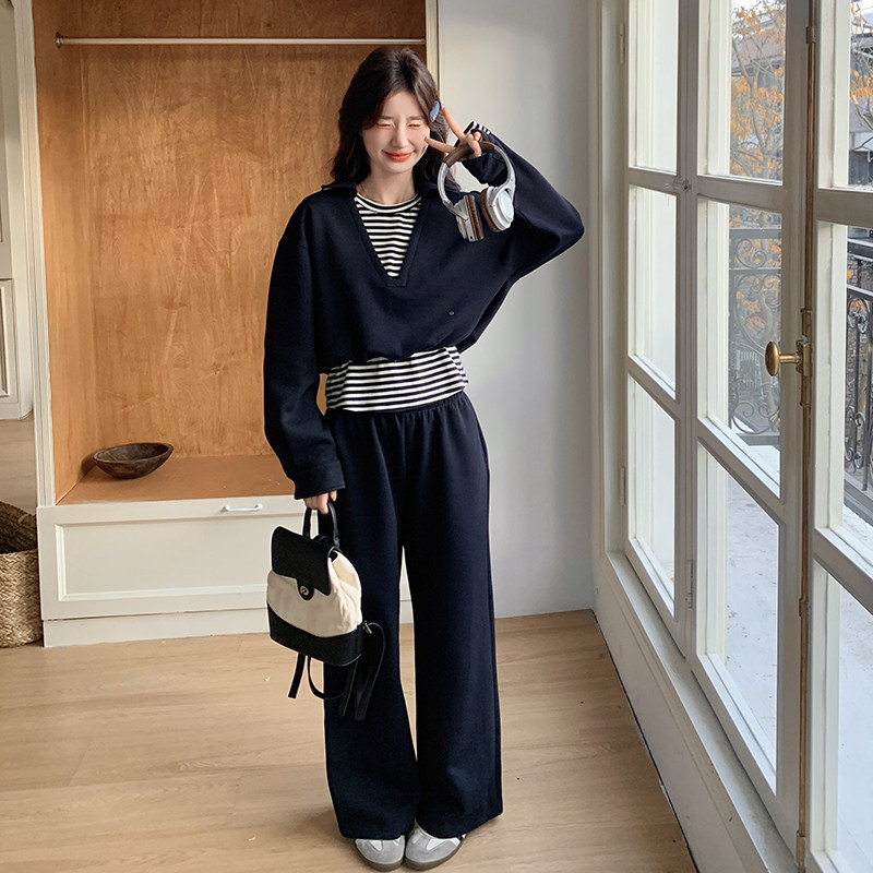 条纹拼接休闲运动卫衣阔腿裤套装女春秋大方得体两件套爆款高级感,女装套装/套裙,2C203