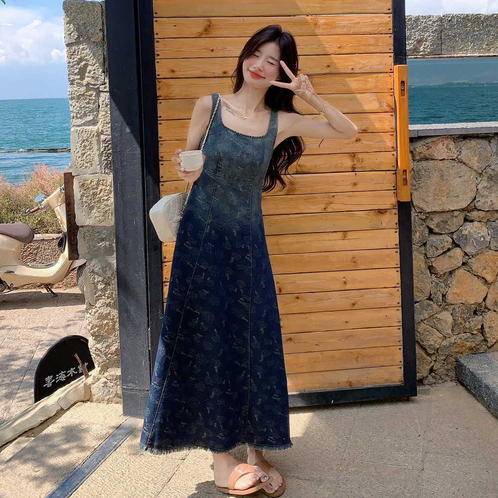 复古渐变牛仔印花背带裙女2025夏季时尚独特绝美减龄显瘦气质长裙,女装连衣裙,2C012