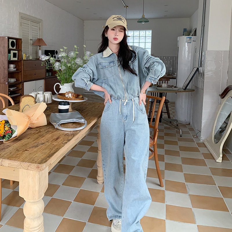 洋气牛仔时尚套装女2024春季新款水洗做旧外套阔腿牛仔裤两件套潮,女装套装/套裙,2C133