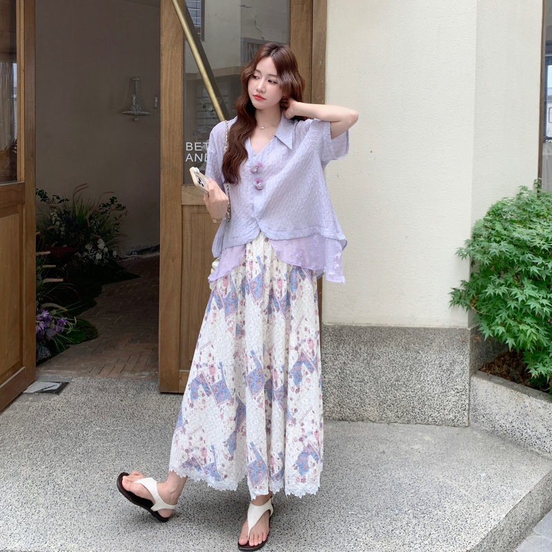 紫色衬衫碎花半身裙套装女夏2025新款流行超火爆款两件套巨好看,女装套装/套裙,2C117
