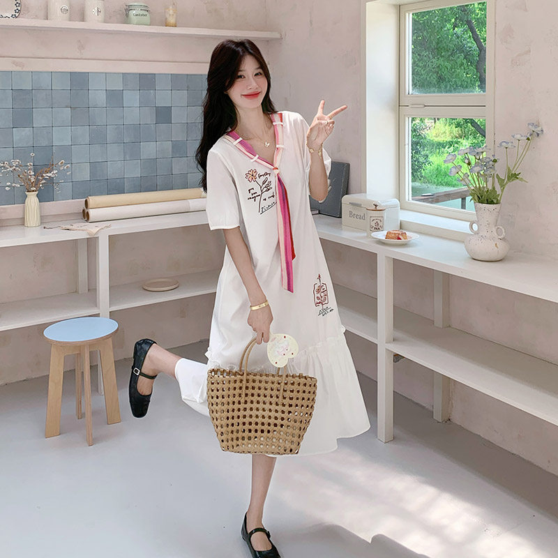 可爱减龄白色连衣裙女2025年夏季新款韩系复古设计感休闲显瘦长裙,女装连衣裙,2C238