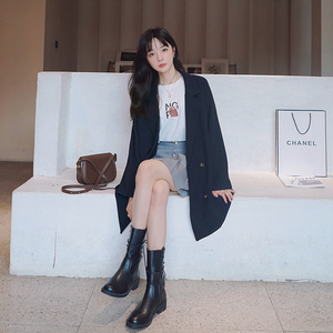 藏青色高级感休闲西装外套女2025春秋新款韩系中长款胖mm洋气西服图片