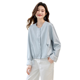 蓝色洋气减龄皮衣外套女2025春季新款小个子休闲百搭圆领夹克上衣，女装皮衣，衣珂纱朗