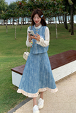 新中式小清新牛仔刺绣套装裙女2025春秋新款马甲半身裙三件套，女装套装/套裙，2C177