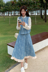 新中式小清新牛仔刺绣套装裙女2025春秋新款马甲半身裙三件套图片