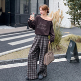甜酷风淡人气质时尚露肩T恤套装女2025秋季新款格子阔腿裤两件套，女装套装/套裙，2D034