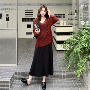 时尚套装女镂空针织衫吊带连衣裙女初秋装搭配罩衫两件套装裙图片