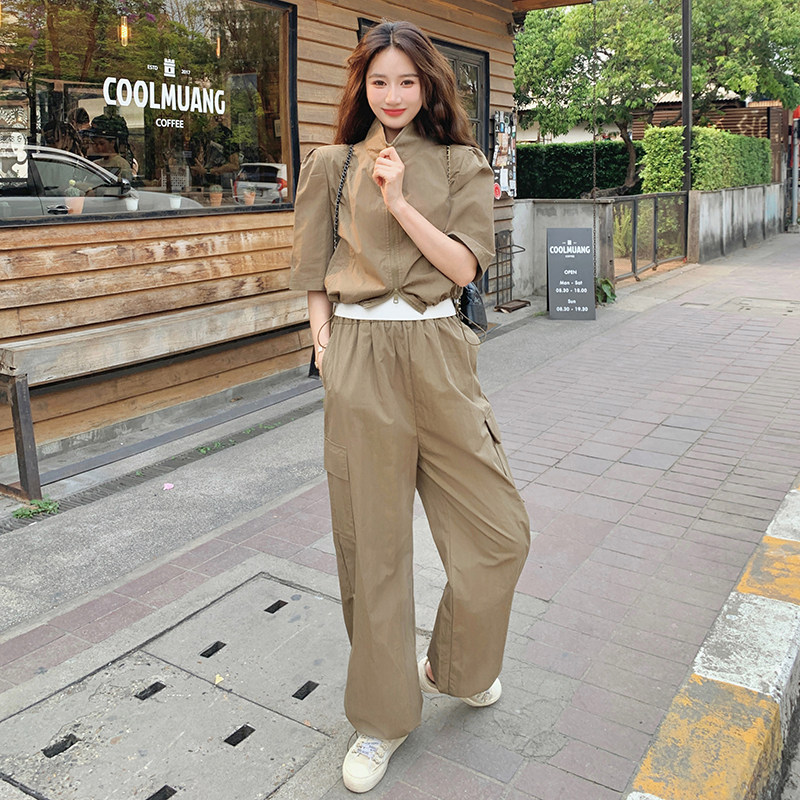 新品军绿色休闲工装短袖上衣裤子两件套2577-P145-K218,女装套装/套裙,2C159