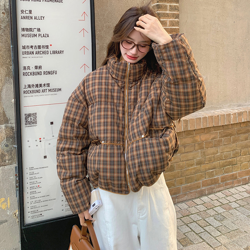 复古格纹设计感短款羽绒服女2025冬韩系小个子保暖厚实白鸭绒外套图片