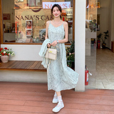 绿色轻薄防晒衬衫碎花吊带连衣裙套装女2025夏季新款巨好看两件套，女装连衣裙，2C233