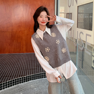 时尚学院风休闲减龄套装女2025春新款气质衬衫绣花马甲两件套图片
