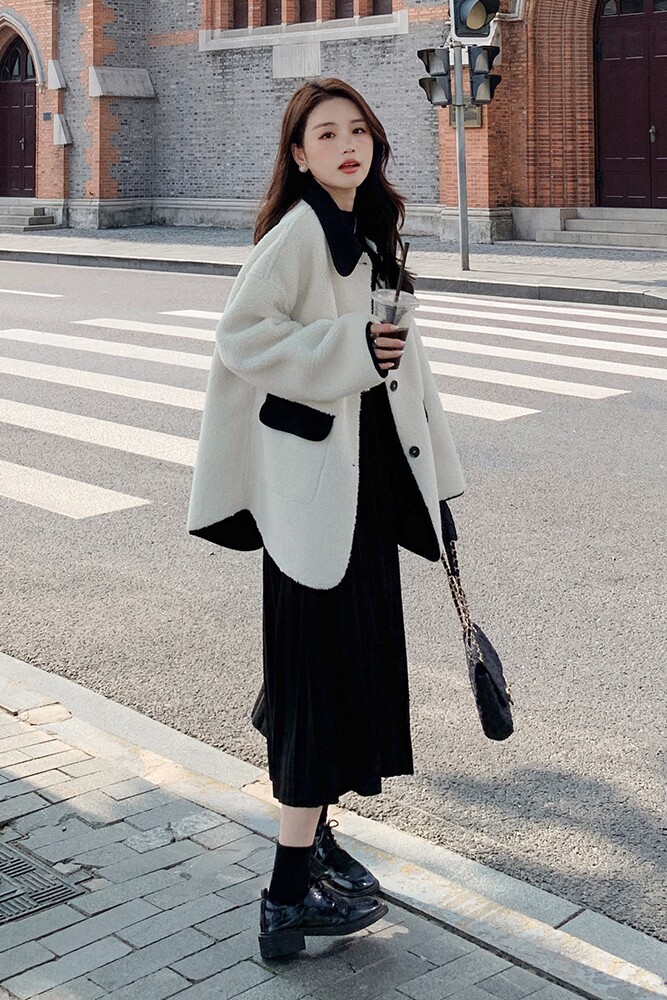 两面穿羊羔毛绒外套女冬季2024新款小个子百搭宽松加厚中长款棉衣,女装毛呢外套,2C196