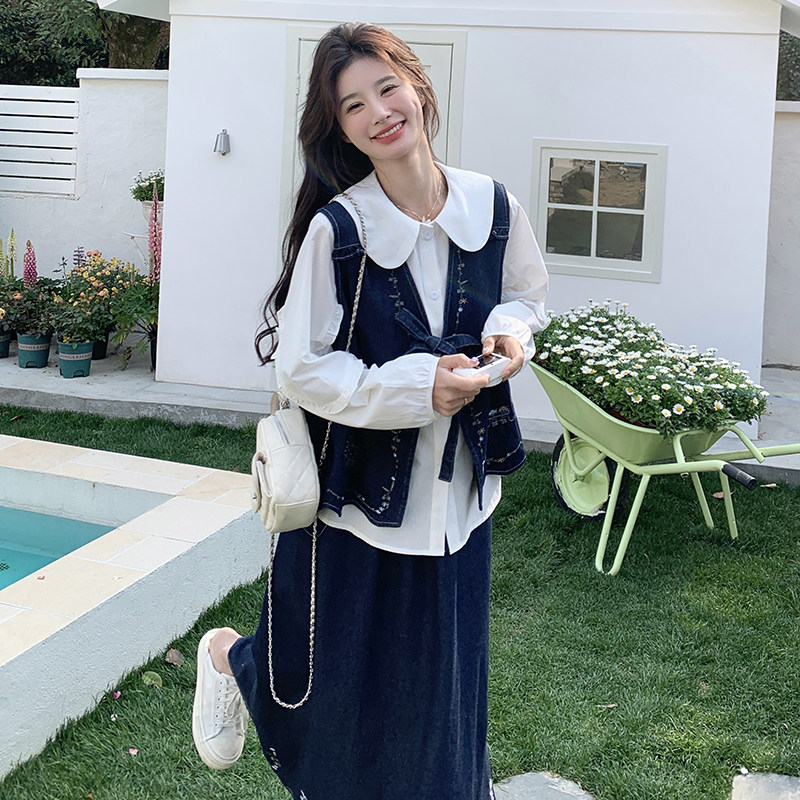 新中式时尚牛仔套装女潮娃娃领衬衫宽松百搭刺绣马甲半身裙三件套,女装套装/套裙,2C218