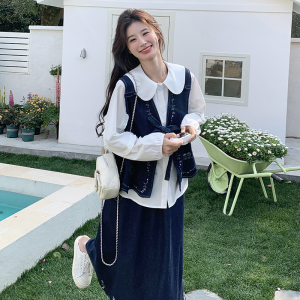 新中式时尚牛仔套装女潮娃娃领衬衫宽松百搭刺绣马甲半身裙三件套图片