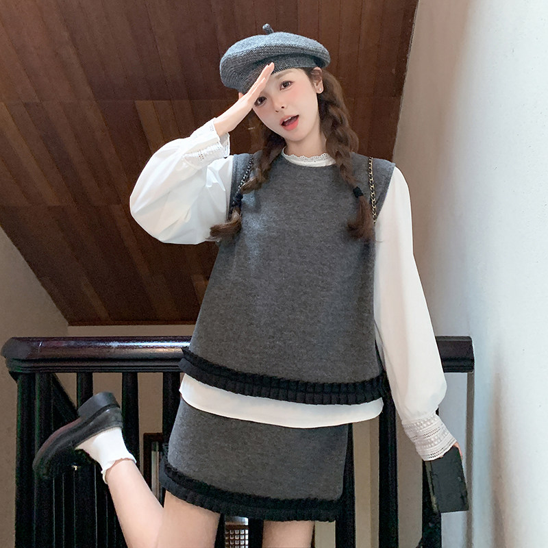 韩版灰色小香风套装裙女2025春秋季新款显瘦上衣马甲半身裙三件套,女装套装/套裙,2D148