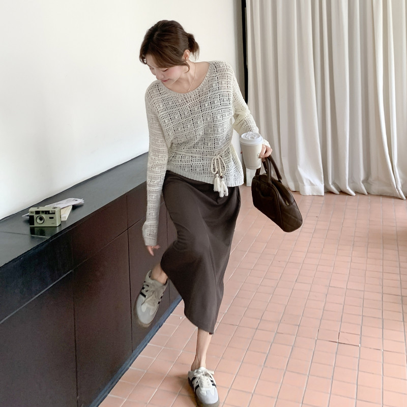 文艺风穿搭棕色吊带连衣裙叠穿针织上衣女春秋超火好看长裙子套装,女装套装/套裙,2C159
