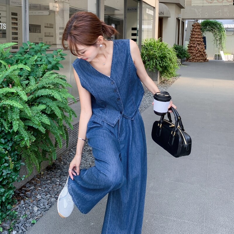 韩版复古牛仔马甲套装女2025夏季新款简约时尚高腰阔腿裤两件套潮,女装套装/套裙,2C159