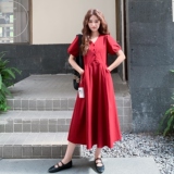 红色泡泡袖气质连衣裙女2025夏季新款法式超好看甜美减龄V领长裙，女装连衣裙，2C212