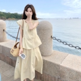 浅黄色法式假两件连衣裙女夏2025新款今年流行爆款显瘦超好看裙子，女装连衣裙，2C166
