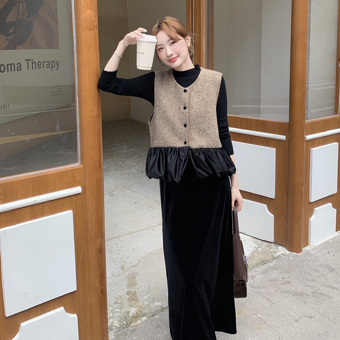新中式风复古秋冬时尚气质百搭显瘦马甲针织衫半身裙三件套装,女装套装/套裙,2C166