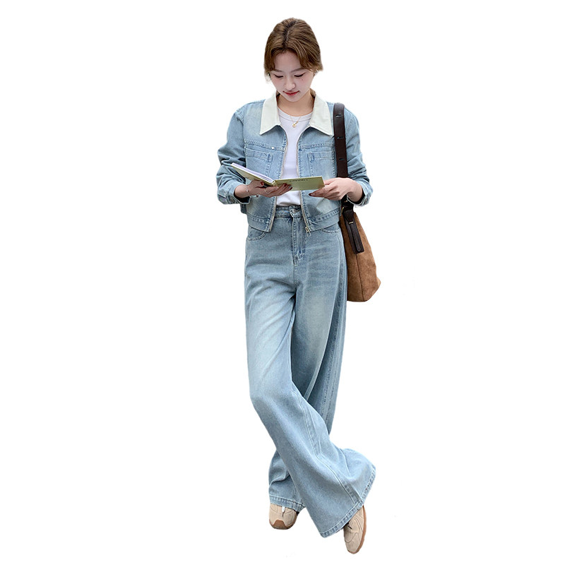港味复古休闲套装女春秋2026新款超好看牛仔外套阔腿裤两件套,女装套装/套裙,2C218