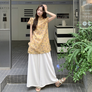新中式盘扣上衣阔腿裤套装女2025夏季新款提花旗袍好看显瘦两件套图片