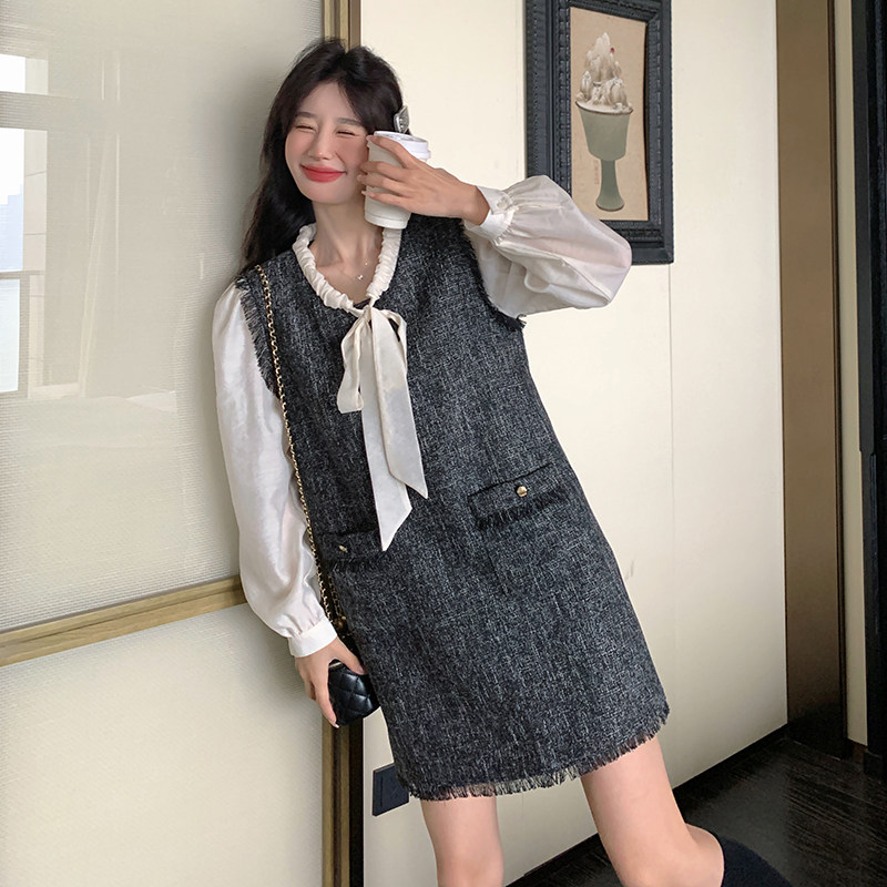 灰色飘带假两件小香风连衣裙套装女春秋减龄气质流苏背心裙,女装连衣裙,2C166