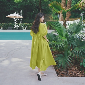 主推现货【夏日粉雾海】木耳边泡泡袖长款连衣裙6615-P110-K168图片