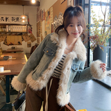 现货牛仔拼接羊卷毛加厚白鸭绒外套2c057-A23-P265-K389，女装羽绒服，2C057