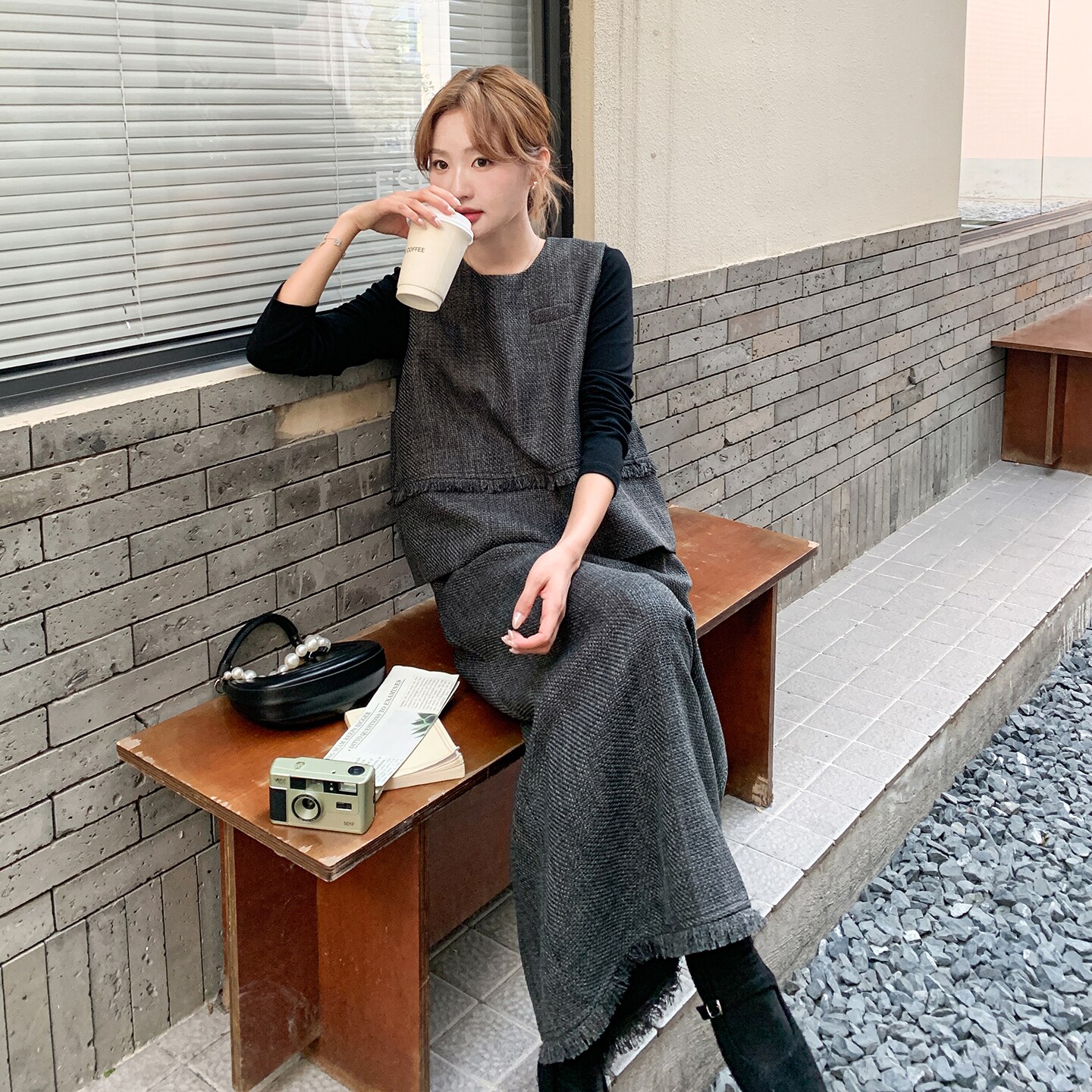 高级小众穿搭灰色马甲套装女春秋超火好看高级小众半身长裙三件套,女装套装/套裙,2D035