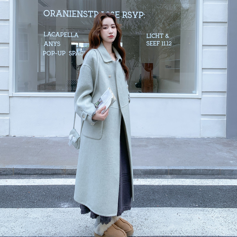 浅绿色双排扣羊绒双面呢羊毛大衣女冬季新款高级感加厚毛呢外套,女装羊绒大衣,2C056