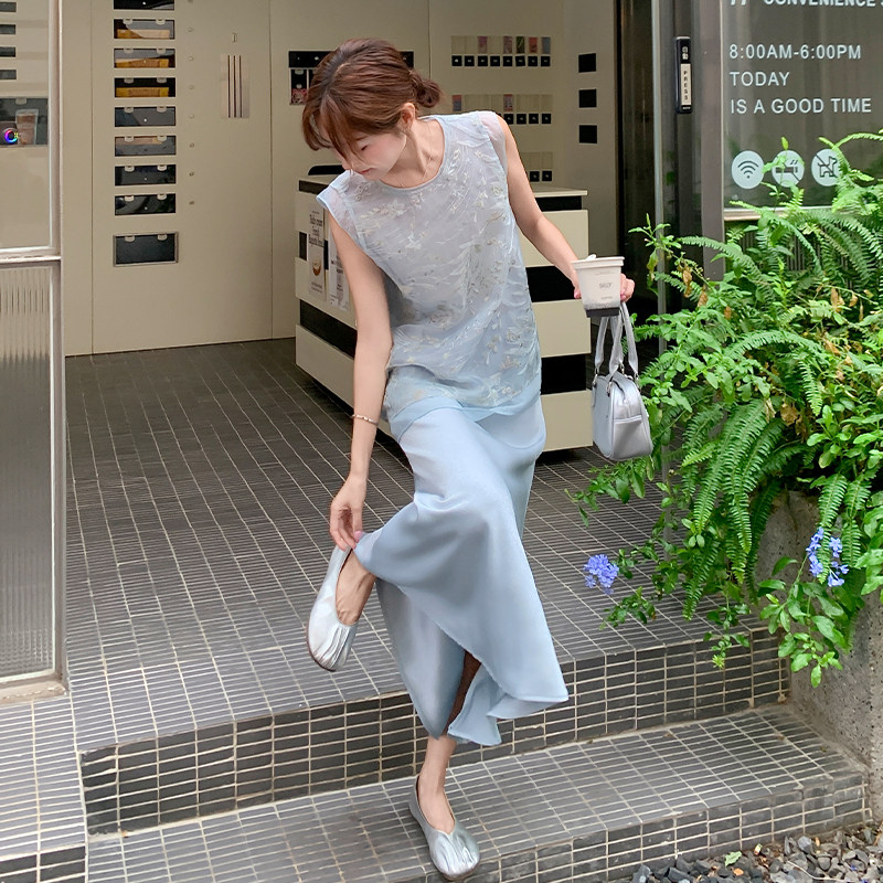 新中式国风刺绣上衣半身裙套装女2025年夏季新款小个子休闲两件套,女装套装/套裙,2D109