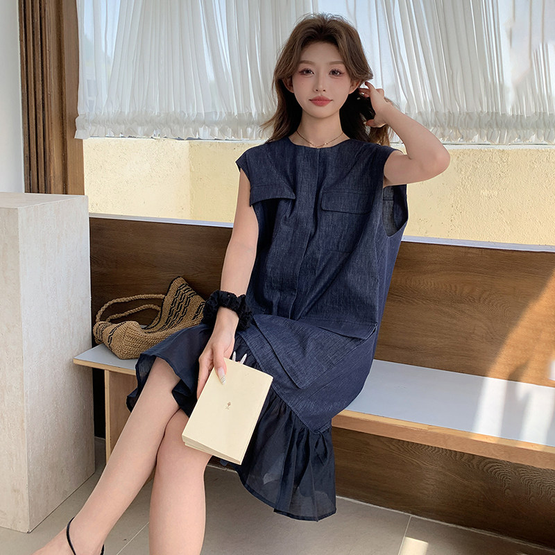 高级感拼接牛仔无袖连衣裙女2025夏季新款复古时尚宽松显瘦鱼尾裙,女装连衣裙,2C139