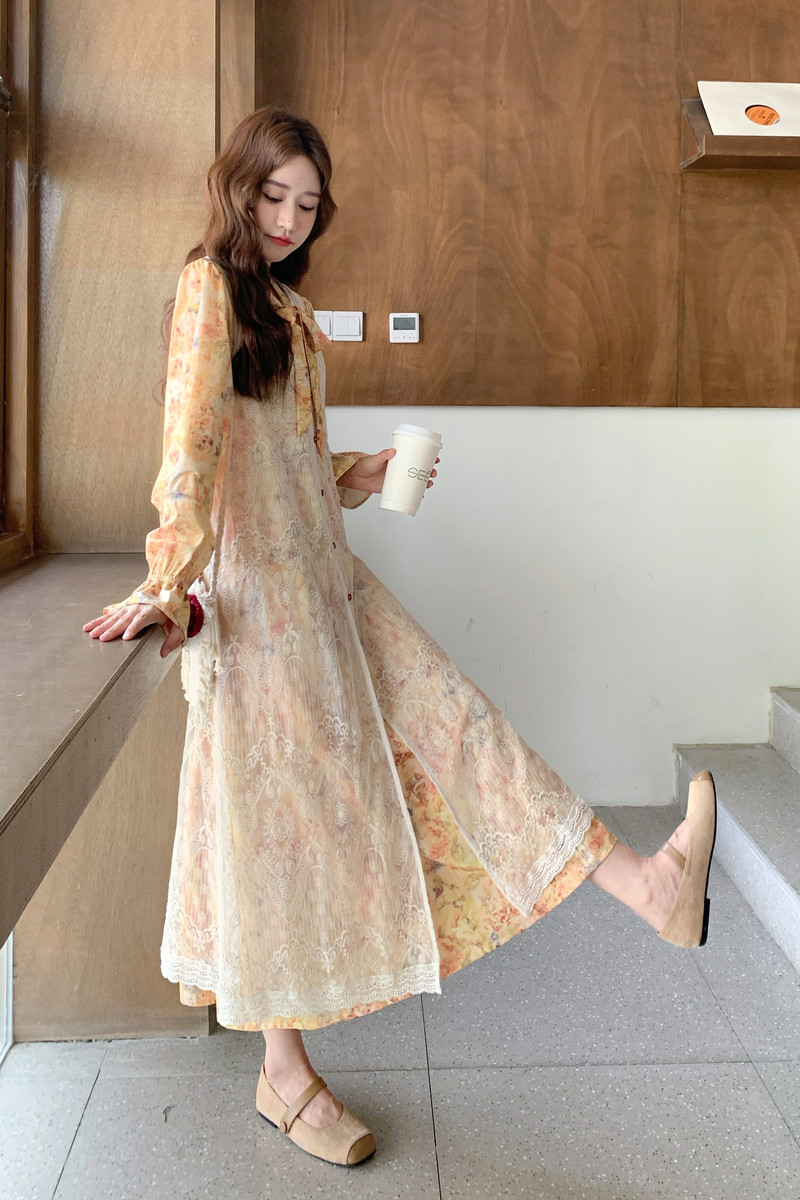 法式显瘦印花长裙罩衫套装女2025春秋季新款花边系带连衣裙两件套,女装套装/套裙,2D035
