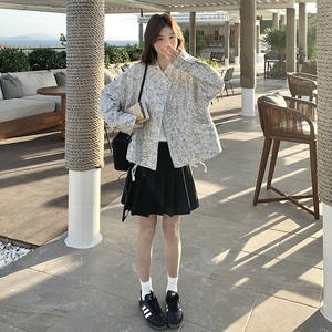 高级感复古印花夹克外套女2025年春季新款韩版宽松小个子短款上衣图片