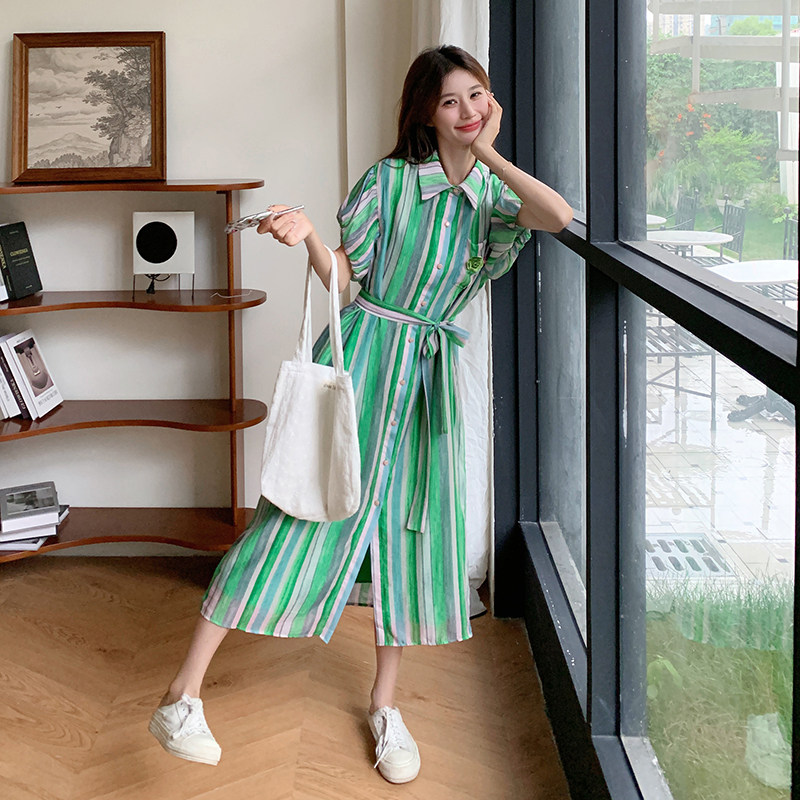 宽松慵懒风条纹灯笼袖连衣裙女夏2025新款休闲显瘦遮肚子女生长裙,女装连衣裙,2C115